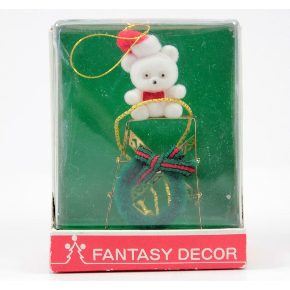 Fantasy Decor Brass Gold-Dipped Christmas Ornament Bear on Ladder w/Box